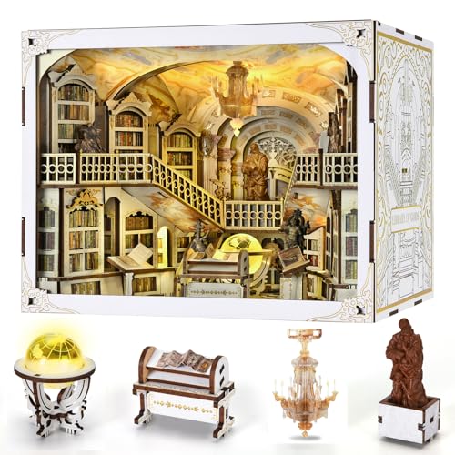 MiniCity DIY Book Nook Kit for Adults, 3D Wooden Puzzle Bookend Bookshelf Insert Decor with LED Light and Dust Cover (Library of Gods Max) - style: Library of Gods Max