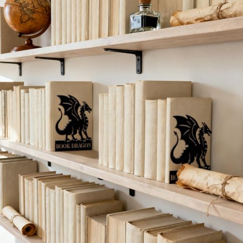 Peacoblue Metal Bookends for Shelves, Modern Decorative Heavy Duty Study Book Ends Stoppers for Office, Desk, Shelf, Room 5.3"x4.3"x6.9" Cast Iron Simple Tall Bookends 1 Pair (Dragon) - style: Dragon