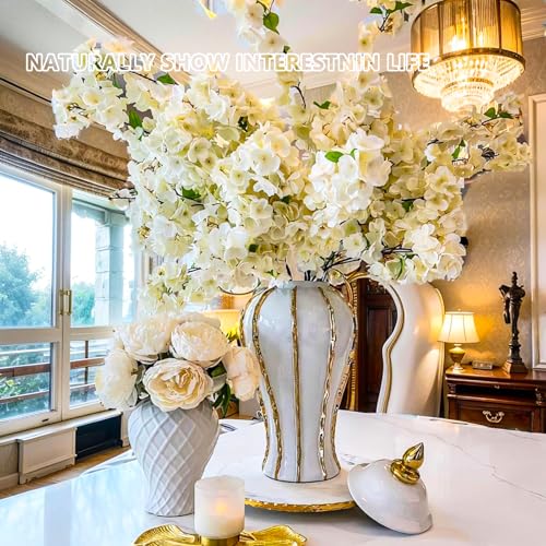 Ginger Jar, White Gold Ceramic Vase Large Handmade Porcelain Vases with Lid, White Gold Decorative Flower Vase for Home, Living Room, Weddings, Centerpieces (14in with Lid) - size: A-Gold-Medium