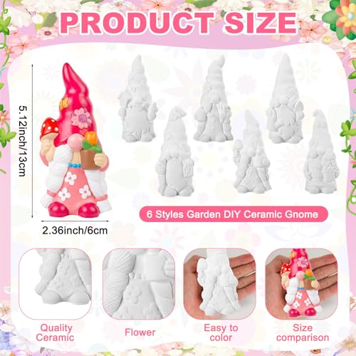Arrowbash 6 Pcs Garden Ceramics to Paint Ready to Paint Your Own Gnome Statues 5.12 Wildflowers Theme Paintable Figurines DIY Unpainted Ceramics Plaster Crafts Kit with Brush Palette - style: Garden
