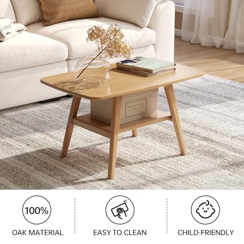 100% Solid Oak Wood Coffee Table for Living Room, Small Table with Shelf Storage, Mid Century Modern Coffee Tables with Rounded Corners for Home (Natural, 31.49" x 19.68" x 17.32") - color: Natural Colour, size: 31.49"W x19.68" D x 17.32" H
