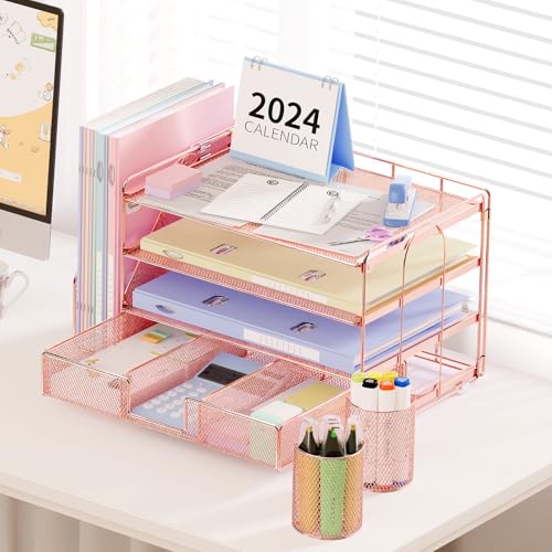 OPNICE Desk Organizer, 4-Tier Desktop File Organizer with Drawer and 2 Pen Holders, Office Desk Accessories, File Sorters, Workspace Organizers for Office Supplies(Rose Gold) - color: Rose Gold, size: 4-Tier