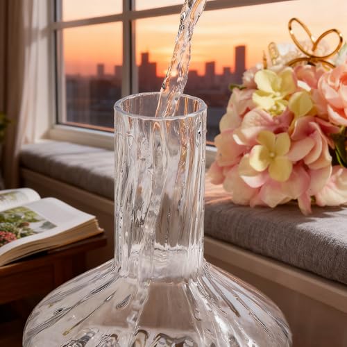 Clear Glass Vase Flower, Rippled Flower Vases with Wooden Base, 10-inch Modern Round Vases, Suitable for Living Room, Dining Room... (10in) - size: 10in