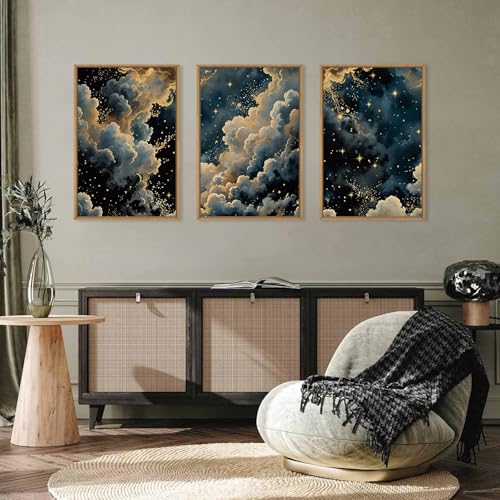 HPNIUB Dreamy Starry Night Sky Framed Wall Art Set,Moody Celestial Wall Decor,Modern Abstract Manimalist Gothic Printing,Natural Stars Illustrations Artwork for Living Room, Bedroom,Office-16''x24''x3 - color: Misty Starry Sky Wall Art, size: 16"L x 24"W