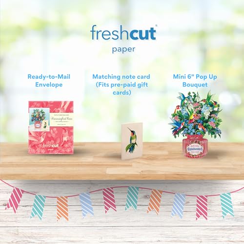 Freshcut Paper Pop Up Cards, Mini Hummingbird Oasis, 6 Inch Life Sized Forever Flower Bouquet 3D Popup Greeting Card, Birthday Cards, Thank You Card, Blank Notecard & Envelope - color: Hummingbird Oasis, size: Mini