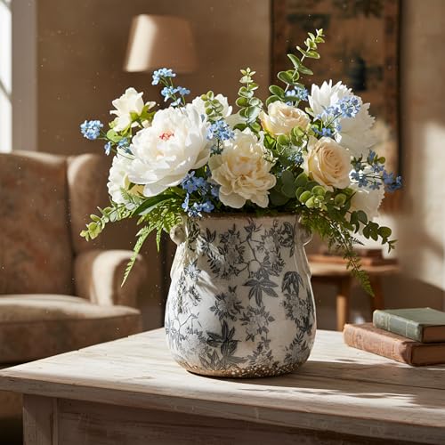 Ceramic Scroll Planter 6.5 Inch Chinoiserie Floral Vase with Drainage Holes Vintage Flower Vase Flower Pot Rustic Ceramic Pots for Indoor Plants Garden Home Bookshelf Decor(Retro Gray) - style: Retro Gray