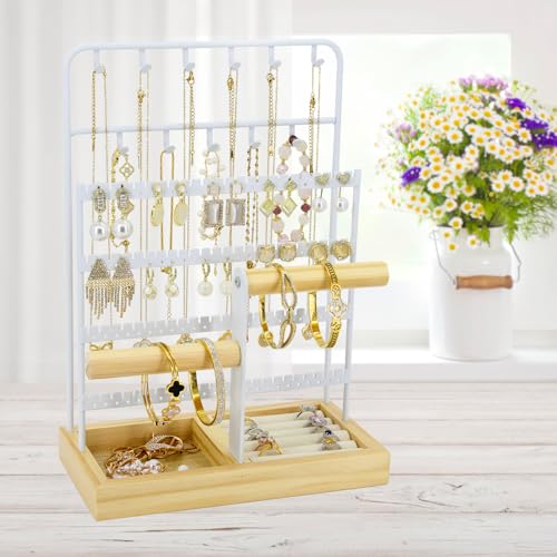 Jewelry Holder Organizer Stand 4-Tier Necklace Stand Earring Holder with Wooden Tray, Jewelry Rack for Bracelets Watches and Rings Display Stand, Gifts for Women & Girls-White - color: Tray&White