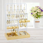 Jewelry Holder Organizer Stand 4-Tier Necklace Stand Earring Holder with Wooden Tray, Jewelry Rack for Bracelets Watches and Rings Display Stand, Gifts for Women & Girls-White - color: Tray&White