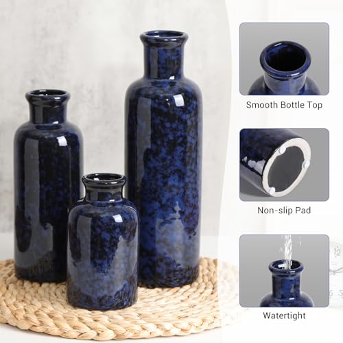 Small Blue Ceramic Vase Set of 3, Boho Modern Flower Vase Room Decor, Farmhouse Decor, Vases for Your Kitchen, Bathroom, Bedroom, Living Room, Office&Shelf Centerpiece Table Decorations - color: Blue