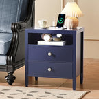 Huuger Blue Nightstand Set of 2, Night Stand with Charger Station, Bedside Table with 2 Drawers, Bed Side Tables for Bedroom, Modern Nightstands, Metal Knobs, Painted Surface - color: Blue