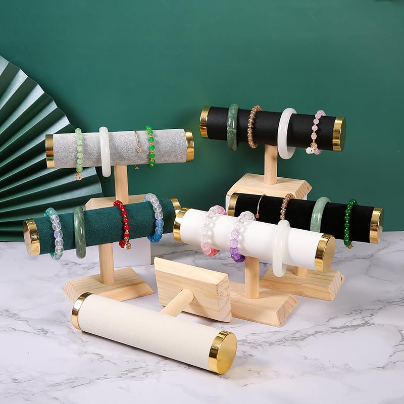 Jewelry Display Stand for Bracelet Bangle Watch, T Bar Jewelry Holder with Velvet Covered Bar and Wood Base for Countertop Organizer and Display - color: Round Suede Beige