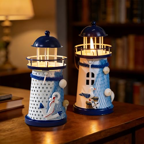 Set of 3 Mediterranean Style Tin Lighthouse Candle Holders - Blue & White Nautical Lighthouse Decor with Seagull, Sailboat & Anchor Designs, Coastal Tabletop Ornaments for Home Decor - color: Blue