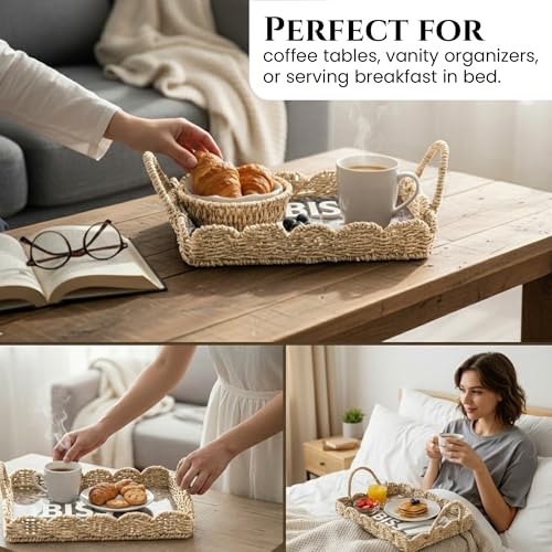 BISS Scalloped Rattan Serving Tray with Removable Floral Transparent Board – Natural Rattan Decorative Wicker Tray with Foldable Handles & Scalloped Edge – Wicker Woven Tray for Coffee Table, Dining