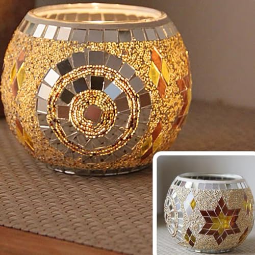 Mosaic Glass Tea Light Holders Romantic Stained Votive Candle Holder, MIATTCLD Round Handmade Tealight Candle Holder for Table Centerpieces, Christmas, Valentine, Birthday Party, Home Decor (H)