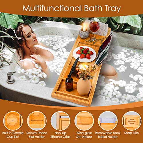 Foldable Bathtub Caddy Tray, Bamboo Bath Tub Tray Table for Tub with Wine Glass Holder Book Phone Tablet Holder with Extending Sides, Adjustable Bathroom Bathtub Free Soap Holder Gift Idea (Beige) - color: Beige