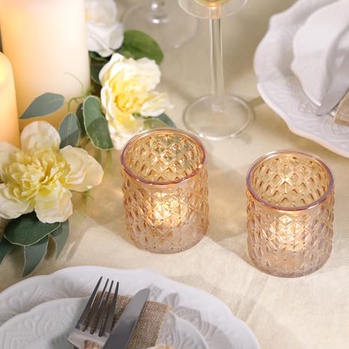 MATAHUM 12 Pcs Large Votive Candle Holders 2.8 * 3.2inch Gold Tea Light Candle Holders Glass Candle Holder for Bridal Shower, Wedding, Table Centerpiece, Party, Home Decor - color: Gold