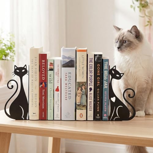 Atomic Cat Metal Bookends Set of 2 Cute Book Ends for Shelves Bookshelf Decorative Objects Home Office Desk Bookshelf Decor Gift for Cat Lovers and Reading Enthusiasts (Black) - color: Black Atomic Cat