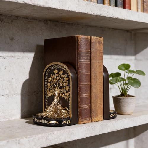 Tree of Life Bookends Set, 2 Heavyweight Bookends, Black and Gold Finish, Perfect for Bookshelves and Bookcases, Ideal for Office, Library, or Living Room Coffee Table Decor. - color: A-bg