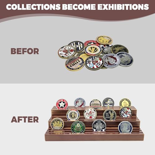 Challenge Coin Display Stand, Solid Wood Military Coin Holder Display, 9 Rows of Challenge Coin Holders, Holds 45-60 Coins