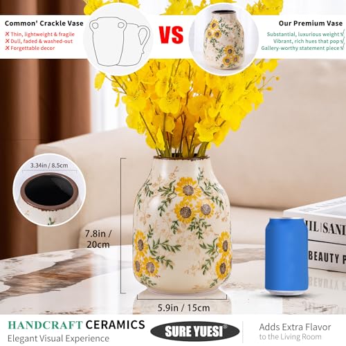 for Mom from Daughter or Son, Sunflower Vintage Ceramic Yellow Floral Vase 7.8”, Beige & Green Chinoiserie Decor, Rustic Tuscan Home Vase for Mantle, Table Centerpiece - color: Yellow Sunflower - 001