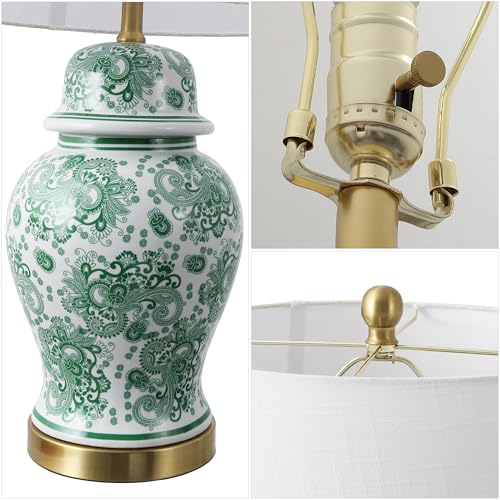 JONATHAN Y 29.5" Green/White Ceramic Table Lamp for Living Room and Office, White Linen Drum Shade, Traditional Chinoiserie Ginger Jar Lamp, LED Bulb Included (JYL3008D) - color: Green/White