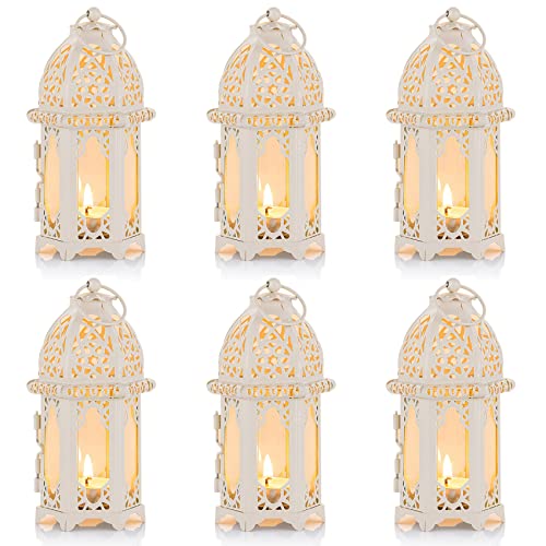 NUPTIO 6 Pcs Moroccan Style Candle Lantern - Small Sized Tealight Candle Holder with Transparent Glass Panels Great for Patio Indoors/Outdoors Events, Party and Wedding, Whit - color: White, size: 6 Pcs Small Size