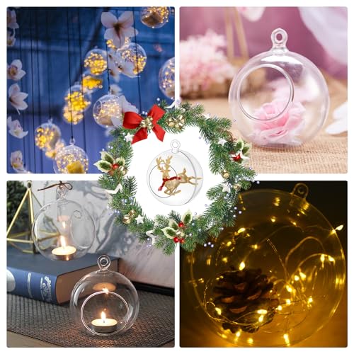 12 Pcs Hanging Globe Tealight Holders Acrylic Fillable Ball Ornaments Clear Plastic Terrarium Globe Hanging Tea Lights Candle Holder with Fishing Line for Christmas Party Wedding Centerpiece