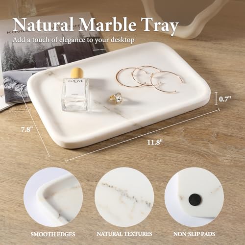 Koville Marble Tray, 12"x8" Marble Vanity Tray for Countertop Bathroom Kitchen Dresser, Decorative Catchall Trays for Perfume Jewelry, Rectangular Stone Serving Tray(Oriental Calacatta - color: Oriental Calacatta