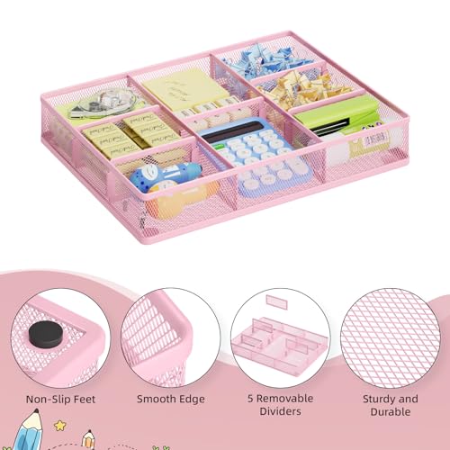 Marbrasse 2P Pink Desk Drawer Organizer, Metal Mesh Drawer Organizer Tray with 5 Adjustable Compartments,Desk Organizers and Accessories for Home,Office,Kitchen,Makeup,Vanity (Pink) - color: 2Pack Pink