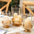 NUPTIO Candle Holders for Pillar Candles: Gold Large Holders with Hurricane Glass Sleeve for Outdoor - Brass Stands Set of 3 for Fireplace Table Centerpiece