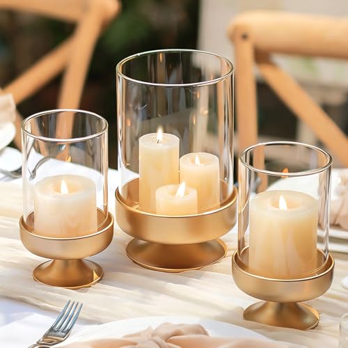 NUPTIO Candle Holders for Pillar Candles: Gold Large Holders with Hurricane Glass Sleeve for Outdoor - Brass Stands Set of 3 for Fireplace Table Centerpiece
