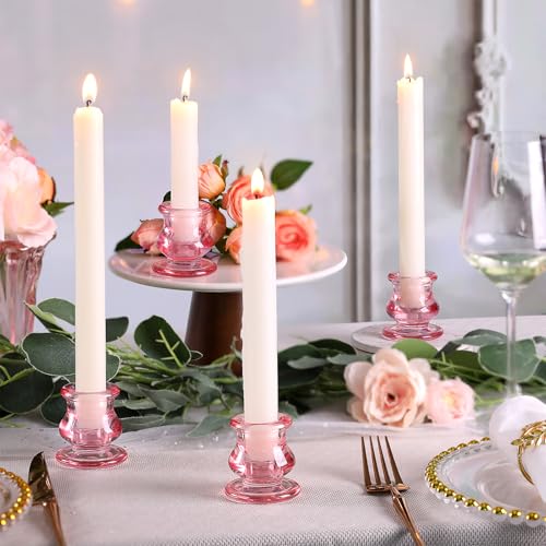 NITIME 12pcs Pink Candlestick Holders, Pink Glass Candle Holders for Pillar Candles, Taper Candle and Tealight Candles, Taper Candle Holders for Wedding, Table Centerpiece - color: Pink