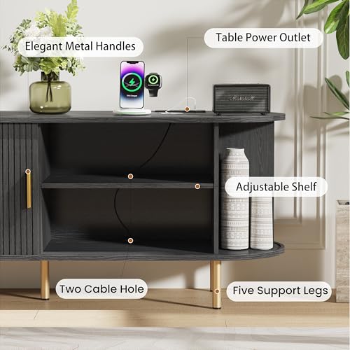 DHH 55 Inch Mid Century Modern TV Stand with Power Outlet for TVs up to 60 Inch, Entertainment Center with Storage and Adjustable Shelves, Media Console with Sliding Doors for Living Room(Black) - color: Black, size: 55 Inch