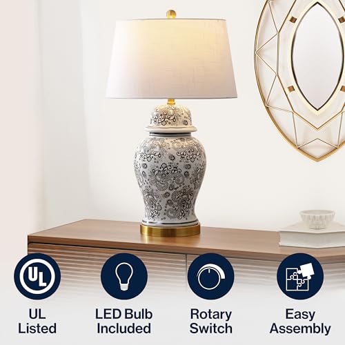 JONATHAN Y 29.5" Gray/White Ceramic Table Lamp for Living Room and Office, White Linen Drum Shade, Traditional Chinoiserie Ginger Jar Lamp, LED Bulb Included (JYL3008B) - color: Gray/White