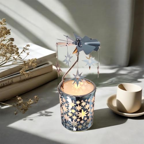 Carousel totary Candle Holder Spinning irthday Gifts for Women, Mom, Wife, Girlfriend, Sister, Her, Metal Windmill Tea Light for Female Friends (Silver Star) - color: Silver Star