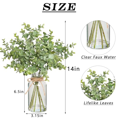 Zheart Fake Eucalyptus Stems in Glass Vase with Faux Water,14" Artificial Plants Eucalyptus Leaves for Shelf Desk Bathroom Farmhouse Room Coffee Table Home Decor (Sage Green)