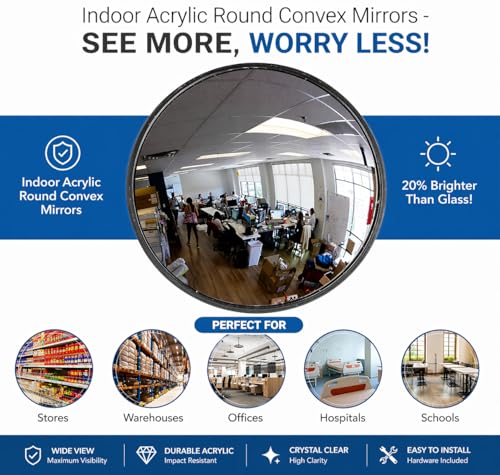 12” Acrylic Convex Mirror, Round Indoor Security Mirror for the Garage Blind Spot, Store Safety, Warehouse Side View, and More, Wall Mirror for Personal or Office Use - Vision Metalizers,Black