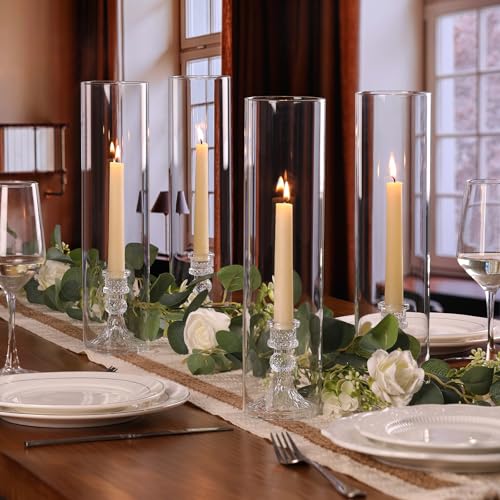 6 Set Hurricane Glass Candle Holders for Taper Candles, Candlestick Holders with Windproof Glass Tubes 13.4" H, Taper Candle Holders for Wedding, Dinner Table Centerpieces, Festival and Party Decor - size: 3.3"D-13.4"H -6pcs+6pcs Diamond Candlestick Holde