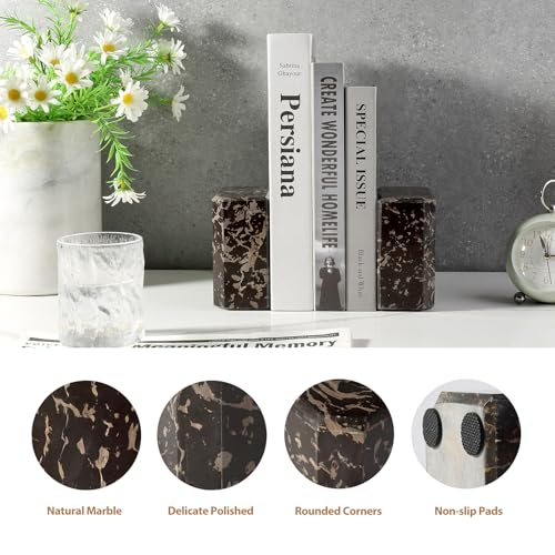 BCS Italy Natural Marble Bookends for Shelves, 7lbs Decorative Book Ends for Heavy Books, Athenian Column Stone Book Holders, Office Bookshelf Stopper Decor for Books, CDs, Video Games (Nero Portoro)