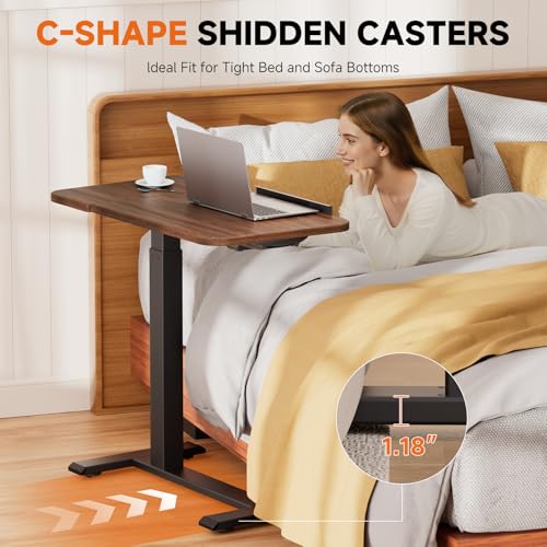 GTPLAYER Overbed Bedside Table with Wheels,Tiltable Hospital Bed Table Over The Bed, Pneumatic Adjustable Rolling Laptop Desk, Mobile Standing Desk for Hospital and Home Use (Walnut) - color: Walnut