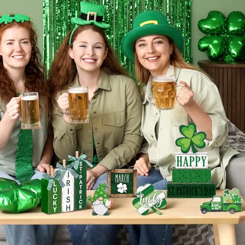 Vercraft 11 Pcs St. Patrick's Day Table Decorations Shamrocks Tiered Tray Home Decor Irish Centerpiece Decorative Wood Books Table Top Decor Clover Wooden Sign for Party Supplies - style: Shamrocks