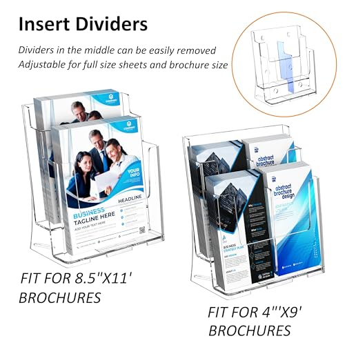 FUCDTEFC Acrylic Brochure Holder 8.5x11 & 4 x9 Inches, Clear 2 Tier Literature Magazine Stand Brochure Display Stand w Removable Divider Universal, Pamphlet Flyer Holder for Wall Mount or Countertop - size: 1 Pack 2-Tier Brochure Holder