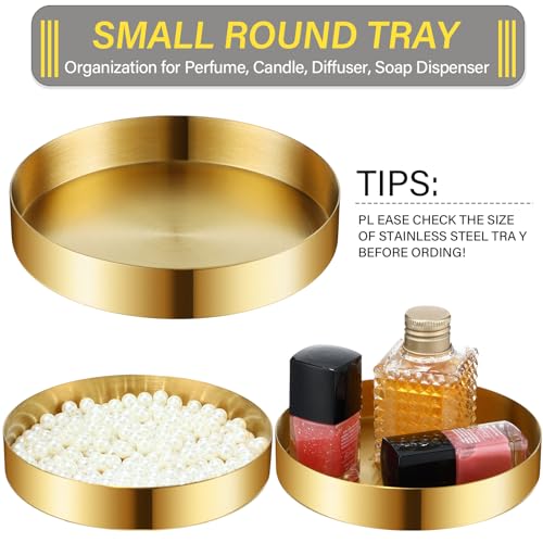 2 Pack Round Gold Trays Small Brass Tray Round Metal Candle Dish Stainless Steel Jewelry, Make Up, Candle Plate Decorative Tray for Bathroom Kitchen Dinning Coffee Table Decoration,4.9 Inch