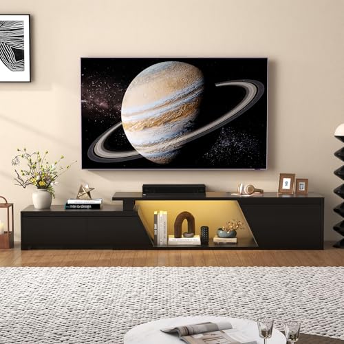 Verano Garden Extendable TV Stand with Led Lights, Wood TV Media Console with 2 Drawers & 1 Cabinet, Modern Entertainment Center Up to 90 Inch TV for Living Room Bedroom, 63" - 90.6" (Black) - color: Black