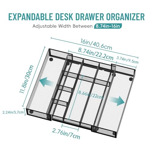 Expandable Desk Drawer Organizer Tray with 10 Adjustable Compartments, Metal Mesh Office Drawer Organizer, Versatile Desk Organizer for Home, School Supplies, Makeup Vanity & Jewelry (Black) - color: black