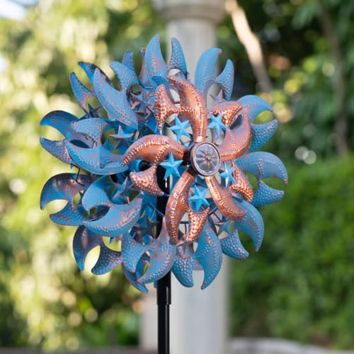 Wind Spinner Outdoor,Blue Copper Kinetic Metal Wind Spinner for Yard,Rustproof＆Waterproof Wind Sculpture,Metal Pinwheels for Yard Lawn Yard Art Outdoor Decor 13 * 66.2 inches - size: 13‘’Blue Copper with Star