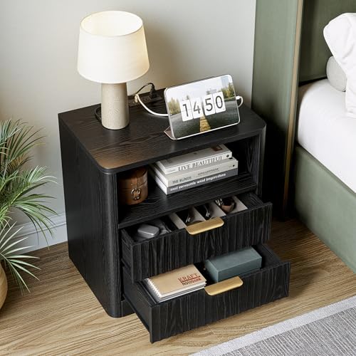 IRONCK Fluted Night Stand, Modern Nightstand with Charging Station, Drawers and Open Shelves - Bedside Table Wood Side Table for Bedroom, Black - color: Black
