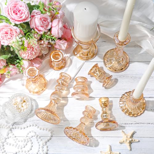 Mumufy 20 Pcs Glass Crystal Taper Candle Holders Clear Glass Candlestick Holder Fit 0.8 Inch Candles Crystal Decorative Candle Stand Centerpiece Table Wedding Dining Party (Gold) - color: Gold