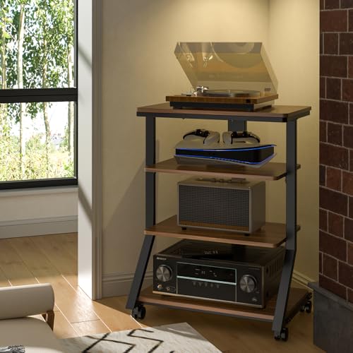 Rfiver 4-Tier AV Media Stand with Wheels, Mobile Rack Audio Tower with Height Adjustable Shelves, Wooden Stereo Racks and Stands, Stereo Stand for Record Player, TV Box, Corner Entertainment Center
