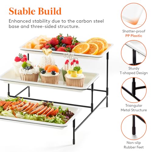 Lifewit 3 Tier Serving Tray, 30 x 17 cm/12 x 6.5" White Plastic Tiered Food Serving Platters, Tiered Tray Stand for Party with Black Collapsible Metal Stand, Dessert Display Stand for Cookies/Crackers - size: 12" x 6.5", style: Basic
